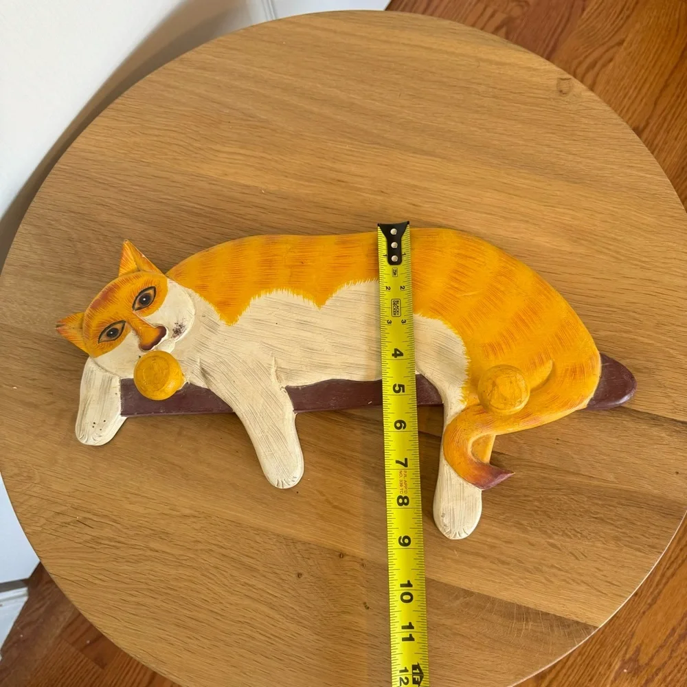 Vintage Hand Painted Wood Primitive Yellow White Cat Hat Coat Hook Rack Unique